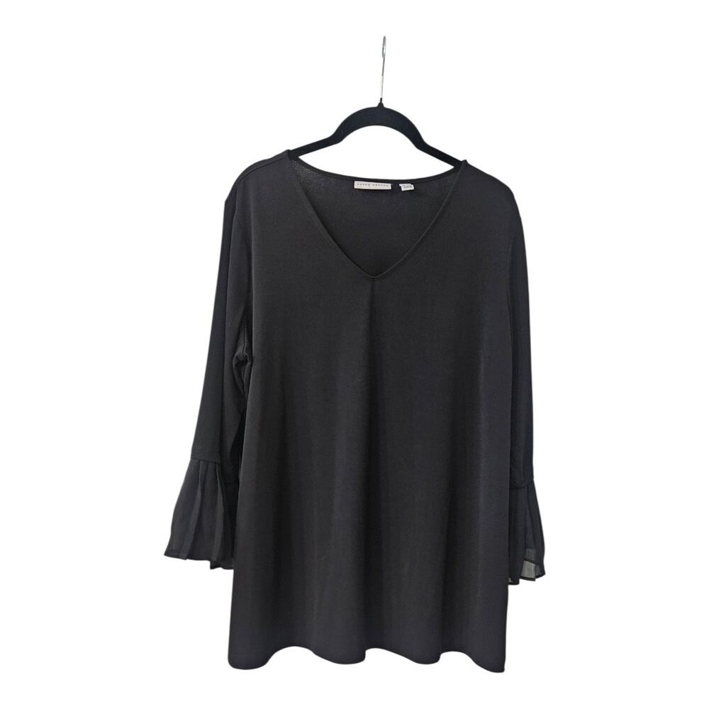 Susan Graver Womens L Blouse Black Pleated Bell Sleeves Stretch V-Neck